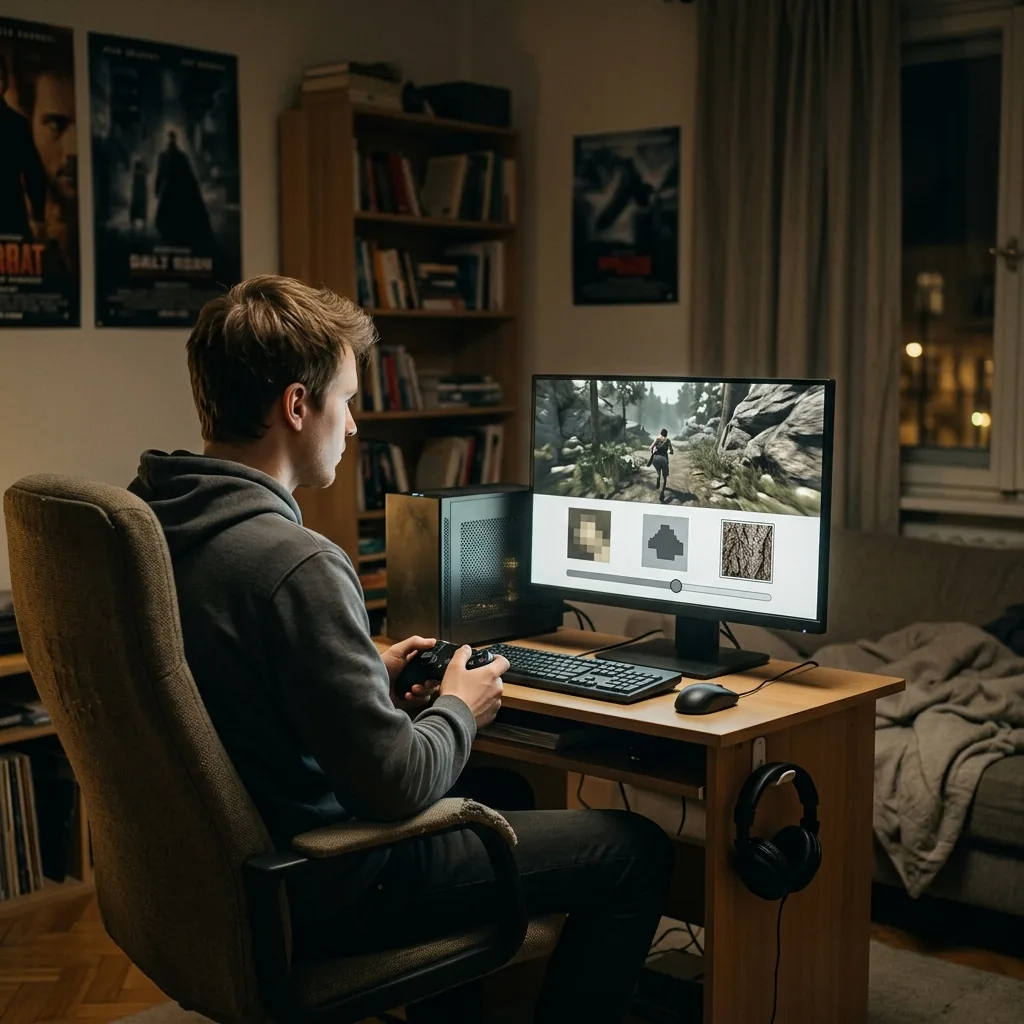 Tarjeta gráfica instalada en una PC compacta mientras un monitor muestra un juego a 1080p con un panel visual de texturas altas y uso de memoria, sin marcas ni cifras inventadas