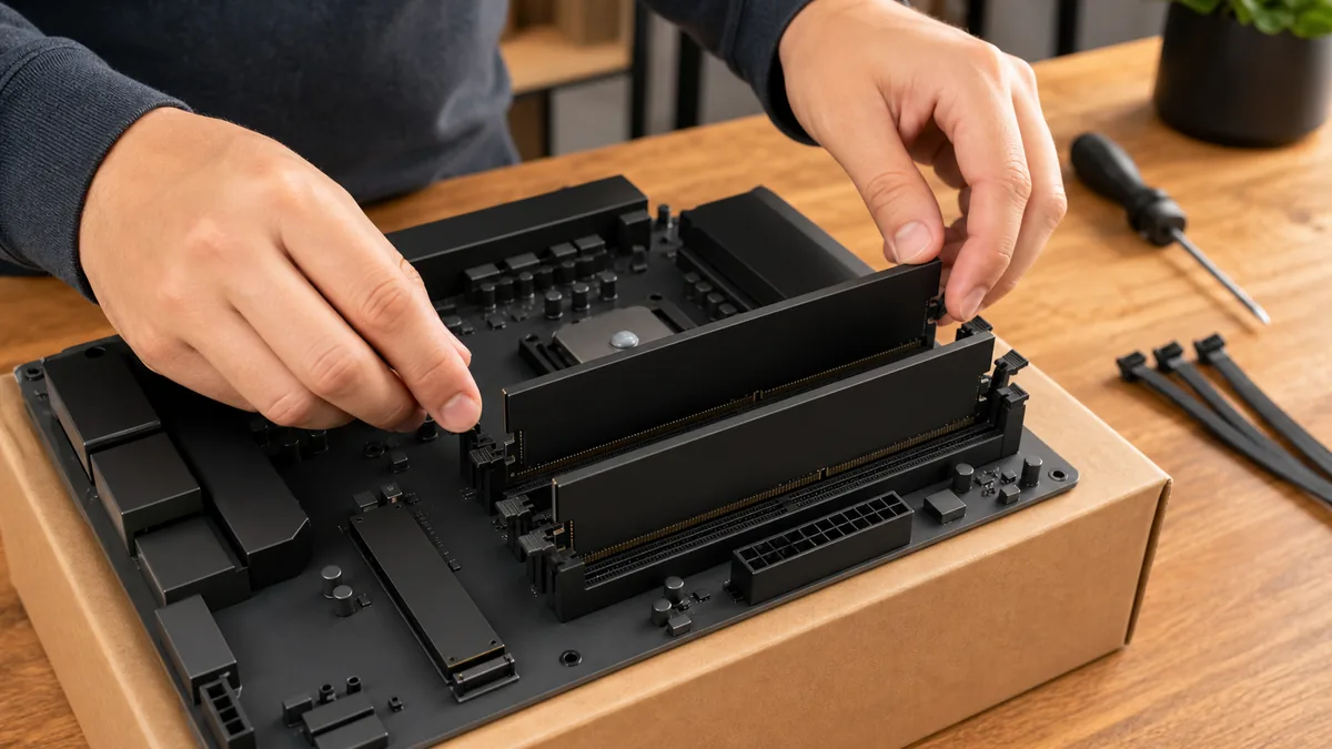 Detailed close-up photo of hands installing RAM into motherboard slots