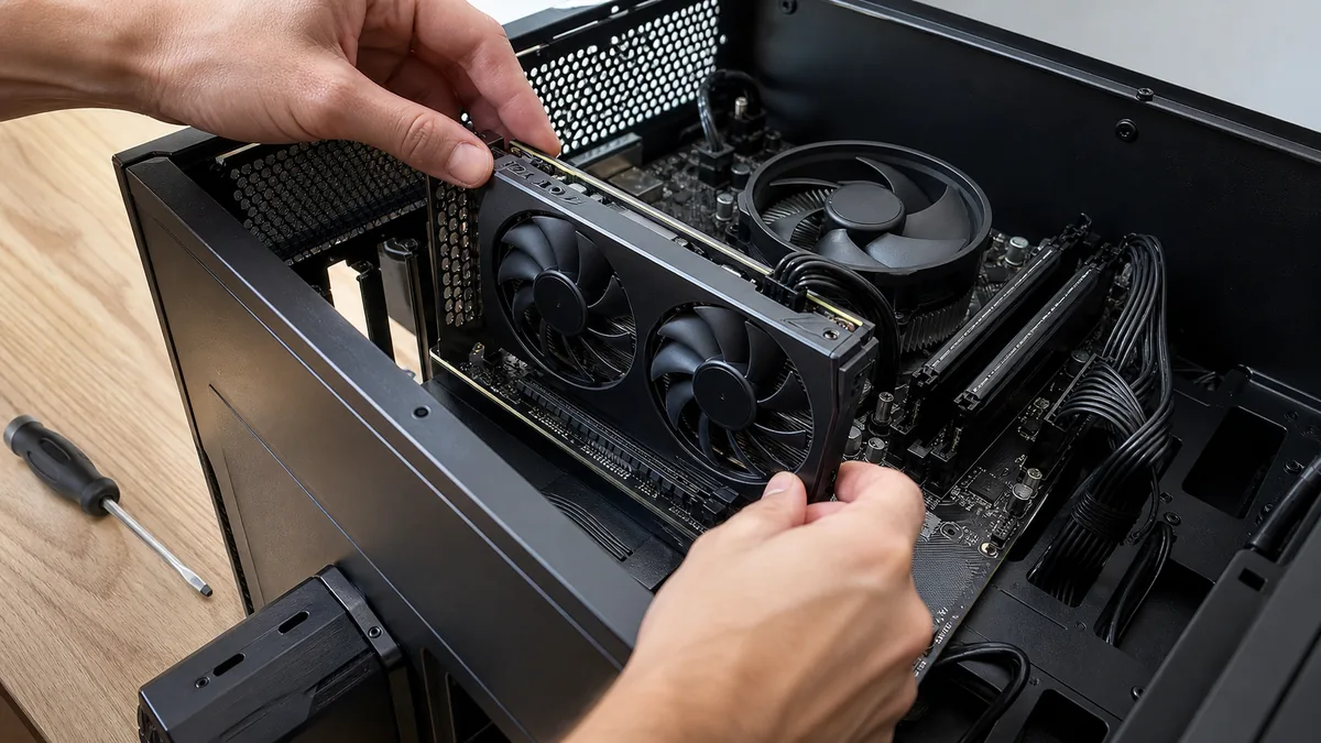 Close-up of PC components motherboard and GPU installation