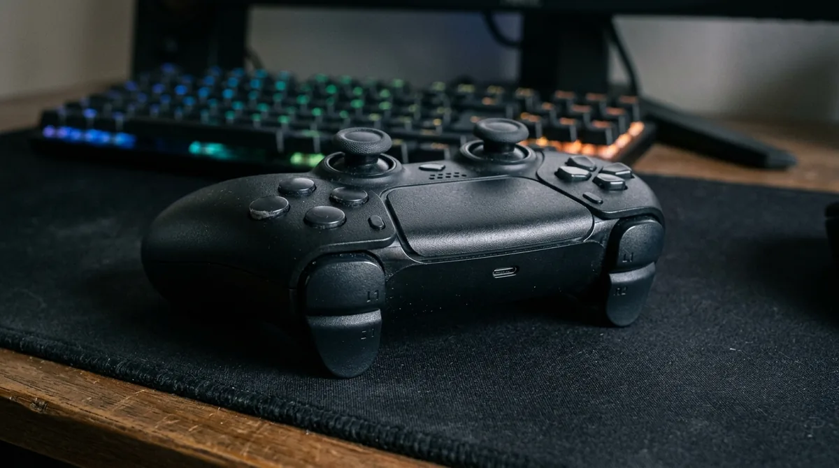 Mano sosteniendo un control gamepad inalámbrico negro frente a un monitor con un juego en pantalla, escritorio gamer con luz ambiental morada de fondo