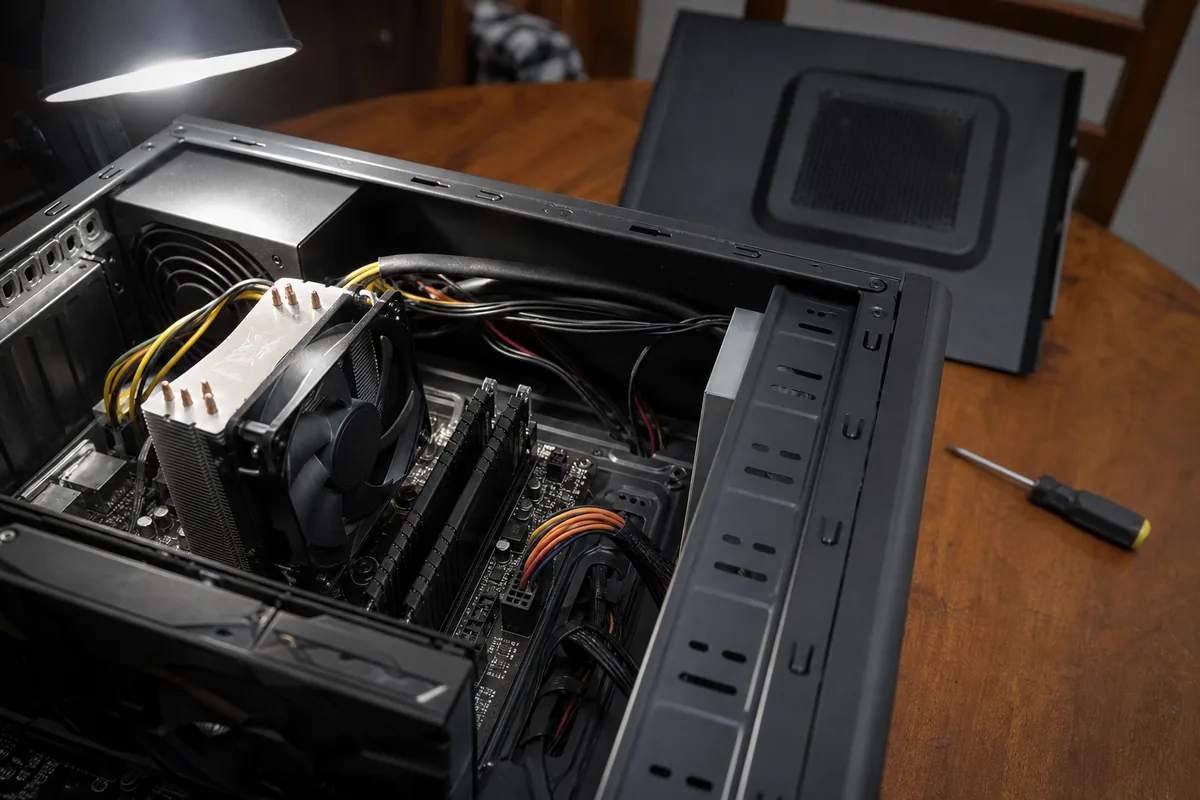 Dos módulos de memoria RAM instalados en una tarjeta madre dentro de un gabinete abierto, iluminados por una lámpara de escritorio