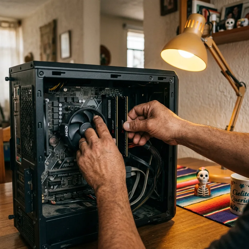 Dos módulos de memoria para PC, uno de diseño sobrio y otro moderno, instalados en placas madre distintas sobre una mesa de armado limpia, sin logos ni texto