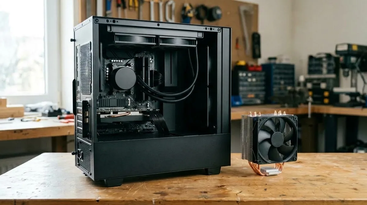 Gabinete abierto con un disipador de torre a un lado y un sistema AIO de 240 mm al otro, mostrando rutas de aire limpias y sin logos