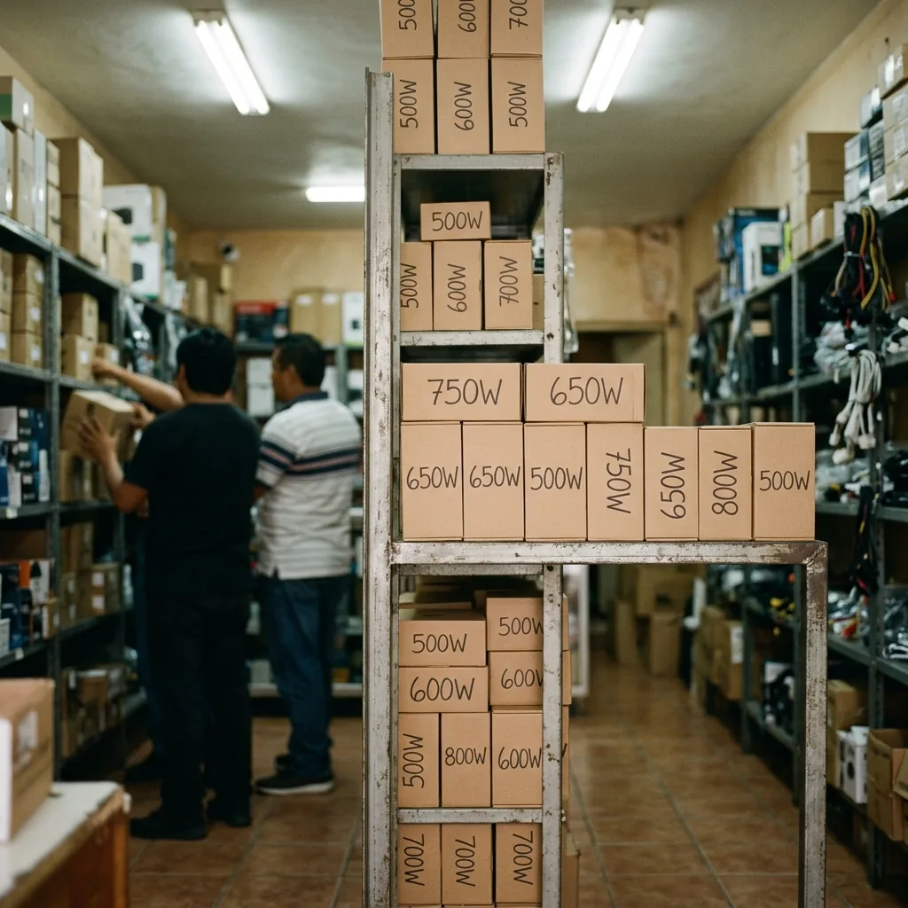 Vitrina de una tienda de cómputo en México con cajas de fuentes de poder de distintas marcas apiladas, con las etiquetas de wattage visibles