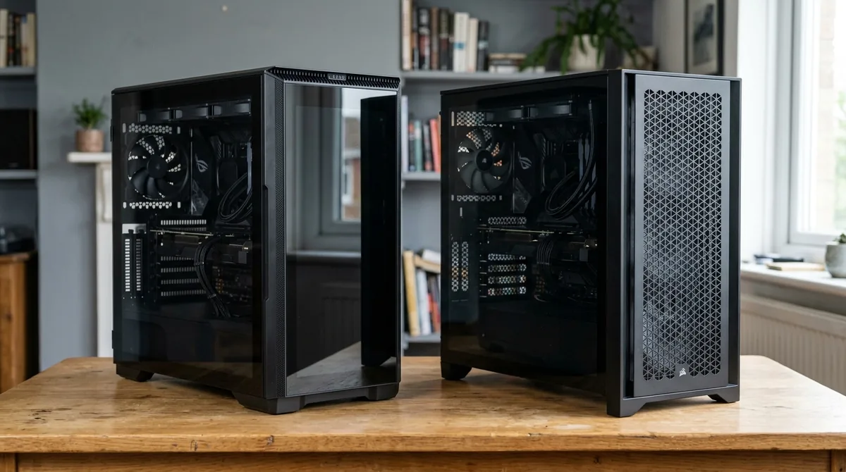Interior de un gabinete de PC gamer con ventiladores RGB azules y morados instalados en el panel frontal de malla, cables organizados, fondo oscuro