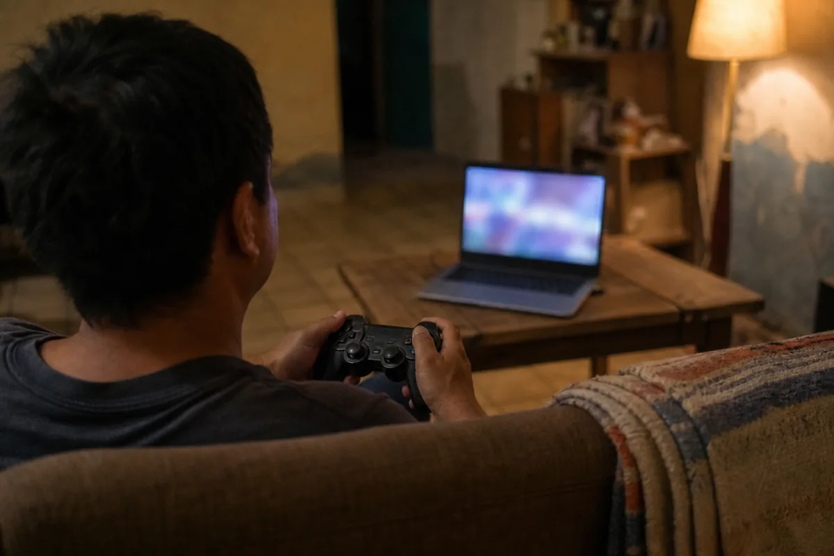 Manos sosteniendo un control de videojuegos frente a una laptop en la sala de una casa, en un rato corto de juego nocturno