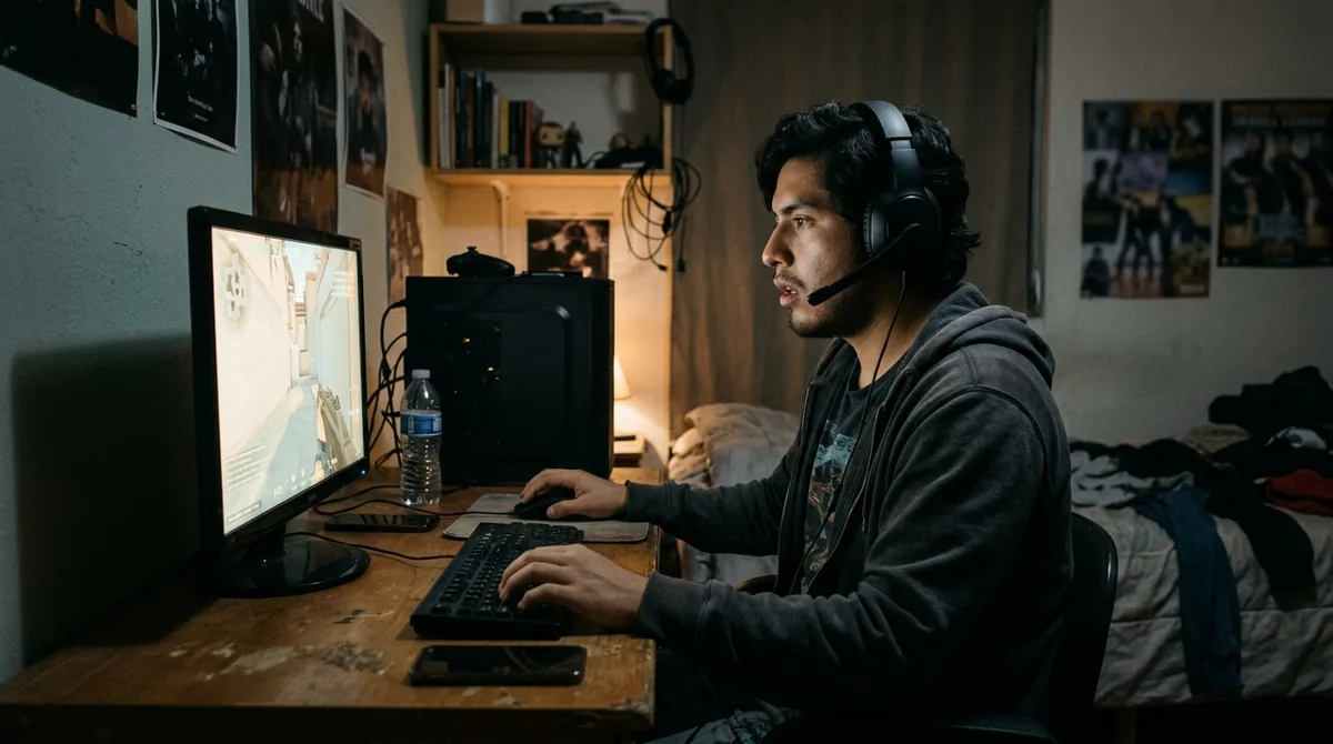 Persona jugando frente a una PC de escritorio en su cuarto por la noche, con un headset puesto y la luz del monitor como fuente principal