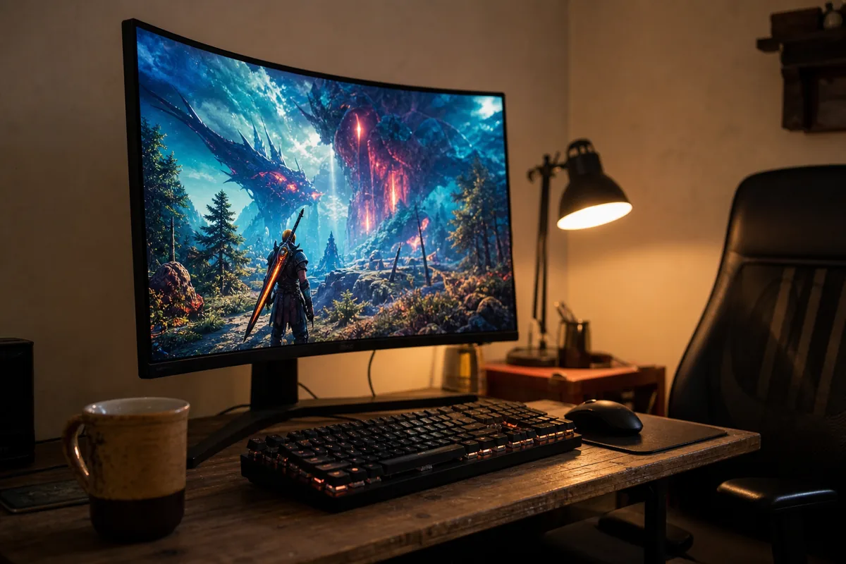 Escritorio con un monitor gamer curvo de 27 pulgadas mostrando un juego, con teclado y mouse sobre una superficie de madera
