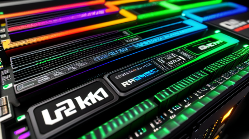 Close up of gaming PC components with RGB RAM and graphics card