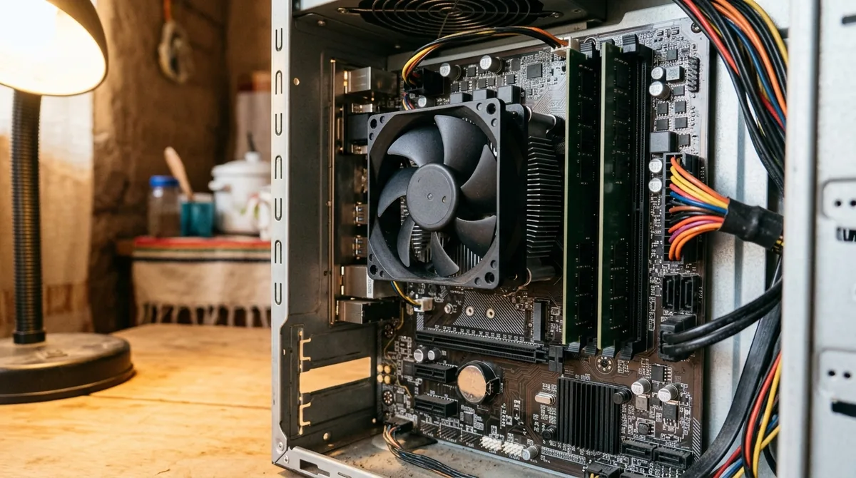 Una PC económica abierta muestra el procesador instalado y dos módulos de memoria, sin tarjeta gráfica dedicada ni marcas visibles
