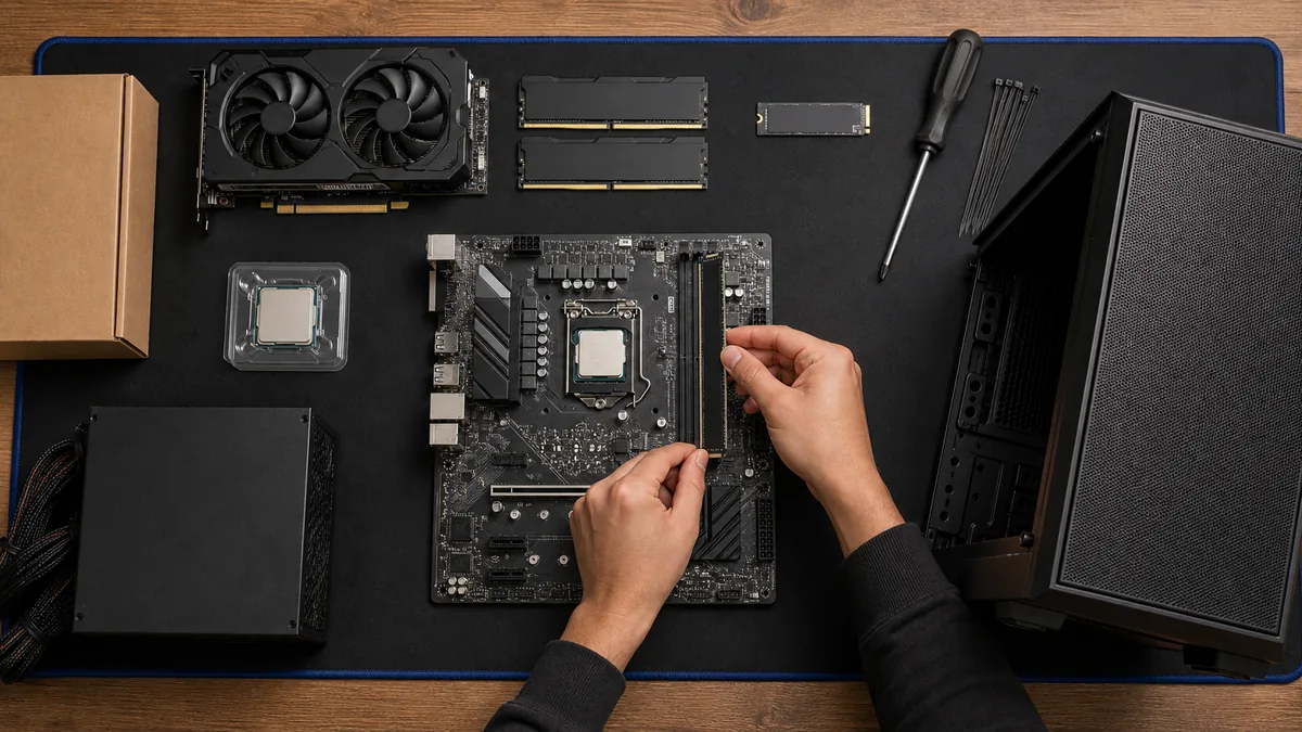 Close-up of PC components and hardware installation