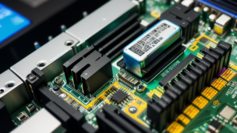 Close-up of PC motherboard VRM components and power connectors