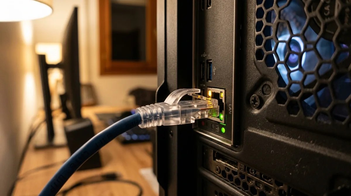 Cable Ethernet conectado a un router con luces LED, sobre un escritorio con una PC gamer de fondo desenfocada con iluminación RGB