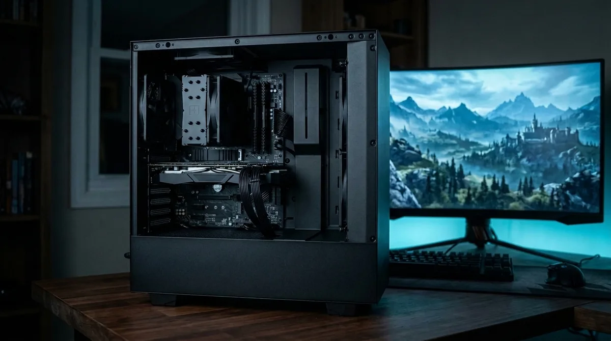 PC de gama media con el gabinete abierto y la tarjeta gráfica instalada, junto a un monitor que muestra un paisaje de juego de mundo abierto en un cuarto con poca luz