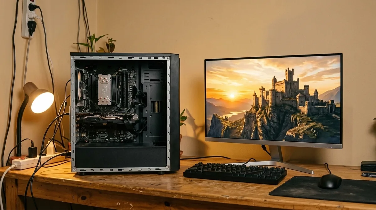 Tarjeta gráfica de doble ventilador sin marcas instalada en una PC con gabinete abierto, junto a un monitor que muestra un juego en un escritorio con luz cálida