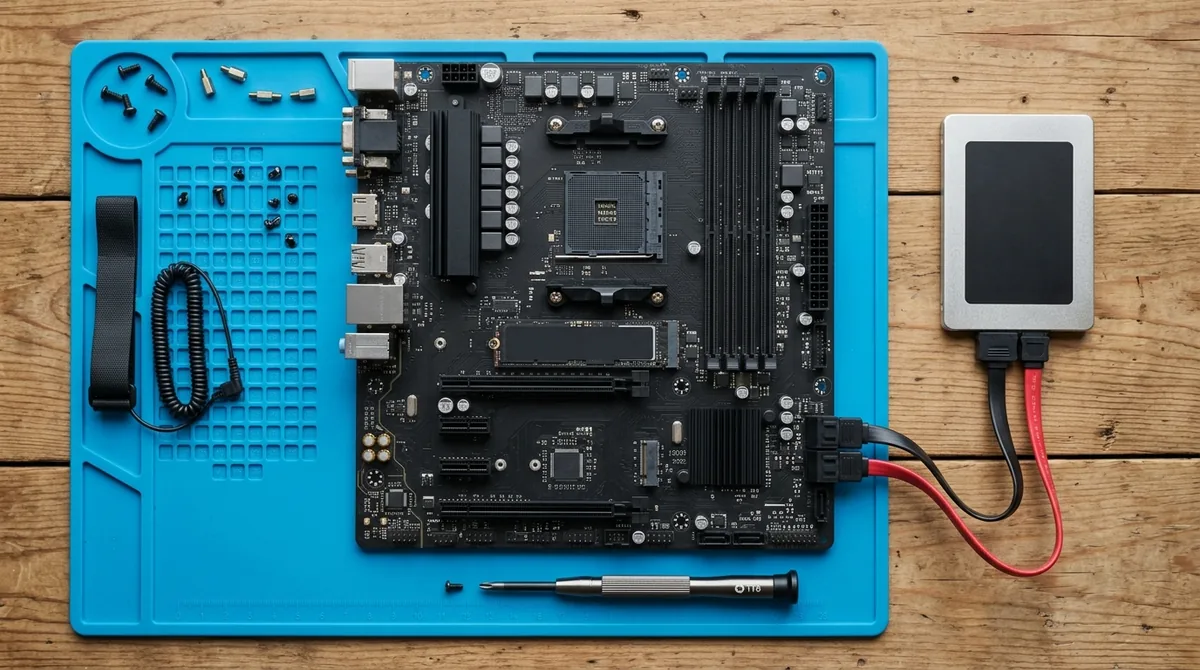 Dos unidades de estado sólido sobre una mesa de armado: un módulo M.2 NVMe junto a una unidad SATA de 2.5 pulgadas con sus cables, sin logos ni texto