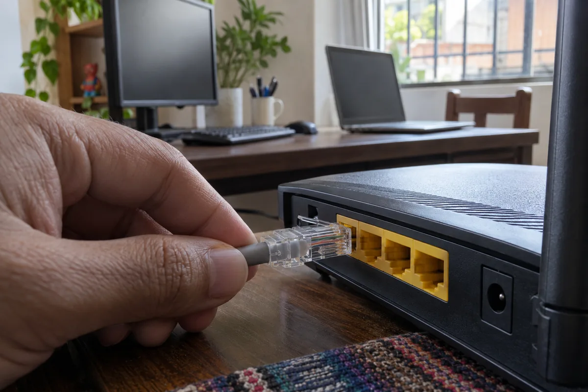 Una PC doméstica conectada al router por cable Ethernet junto a una laptop usando Wi-Fi, en una sala mexicana normal y ordenada, sin logos ni texto
